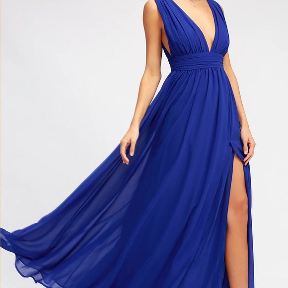 Like New Lulus Royal Blue Heavenly Hues Maxi Dress Deep V-neck Slit Size Small - Picture 2 of 6